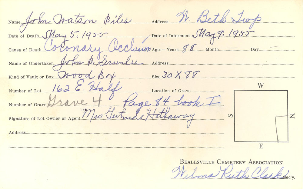 John Watson Biles burial card